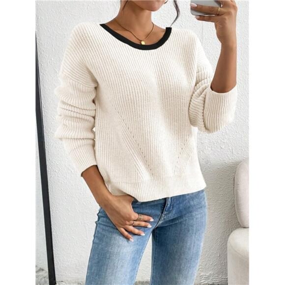 Women's Contrast Color Trim Bow Decor Back Split Sweater - Picture 6 of 7